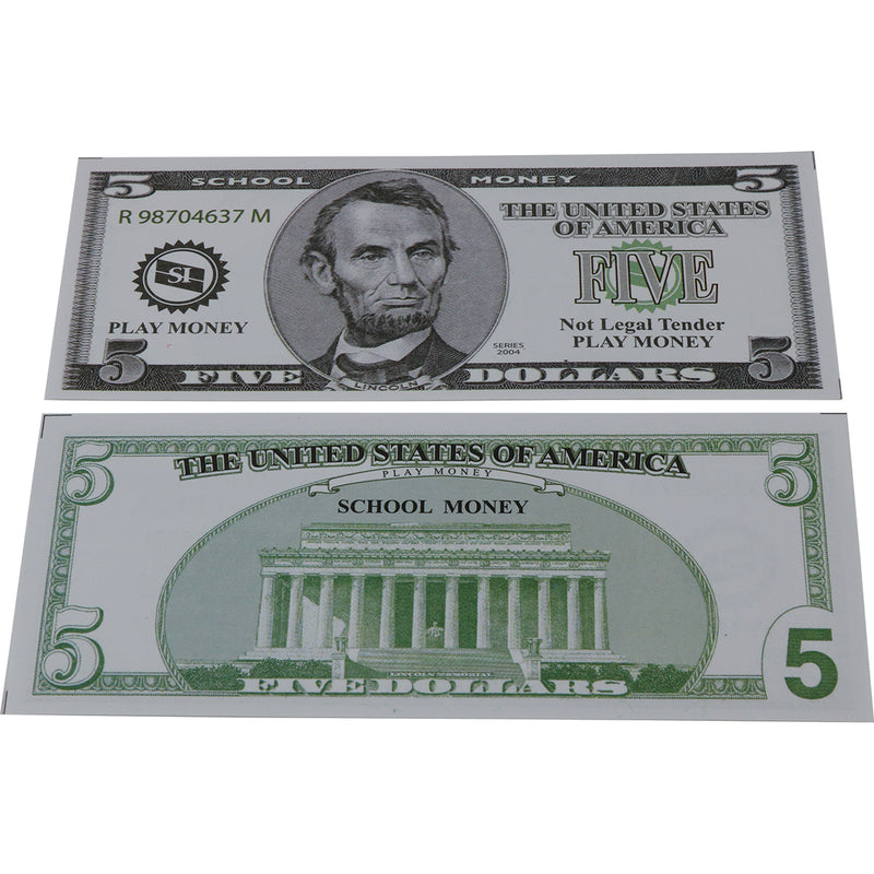 US School Money $5 Bills - Set of 100