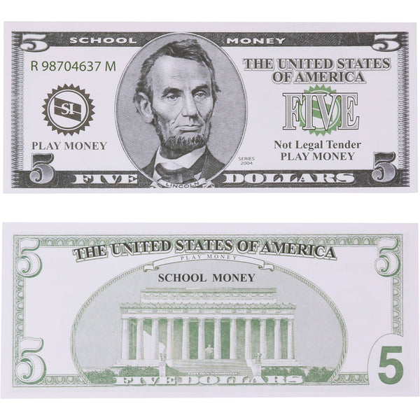 US School Money $5 Bills - Set of 100