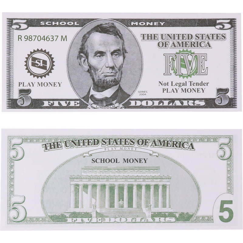 US School Money $5 Bills - Set of 100