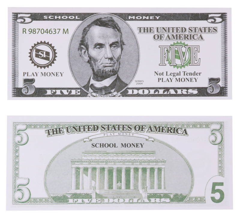 US School Money $5 Bills - Set of 100
